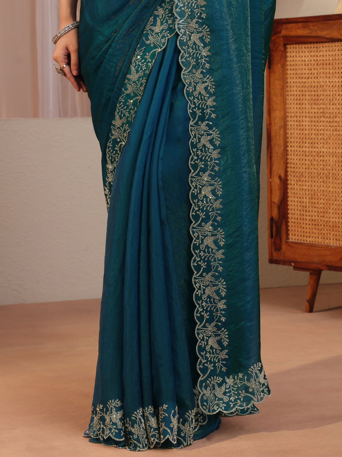 Libas Pacific Blue Tissue Saree With Embroidered Border