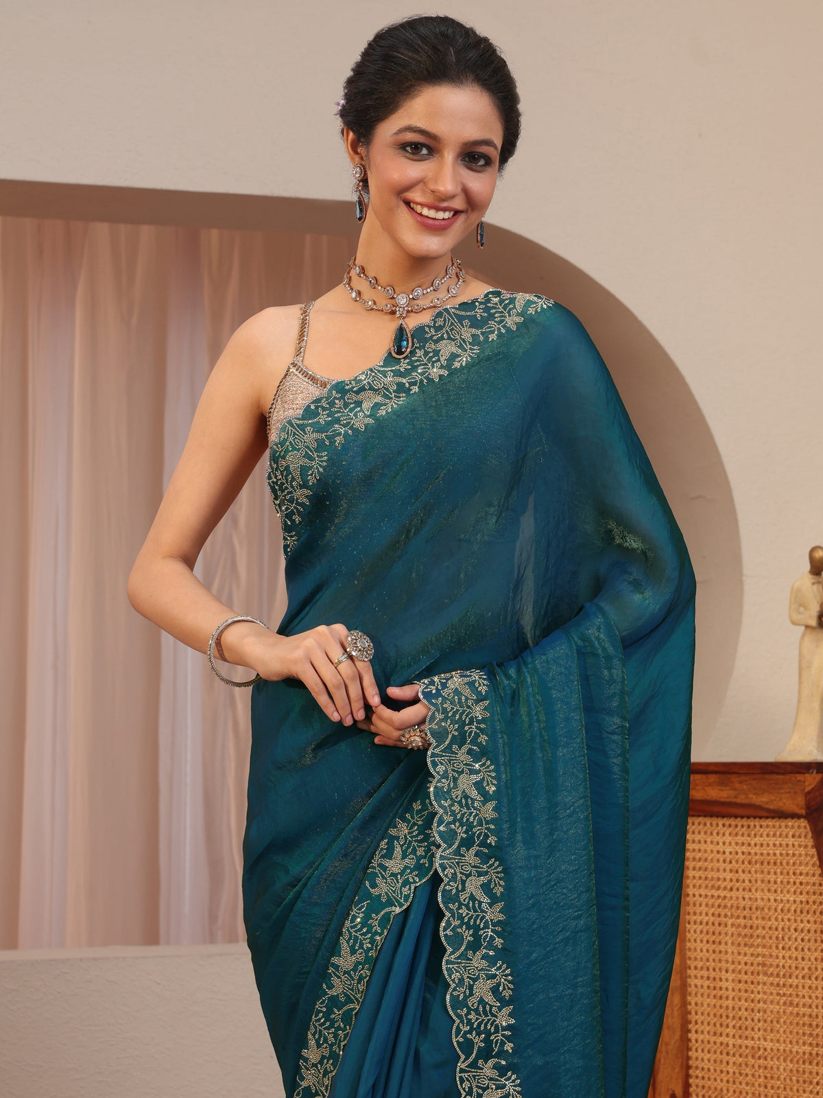 Libas Pacific Blue Tissue Saree With Embroidered Border
