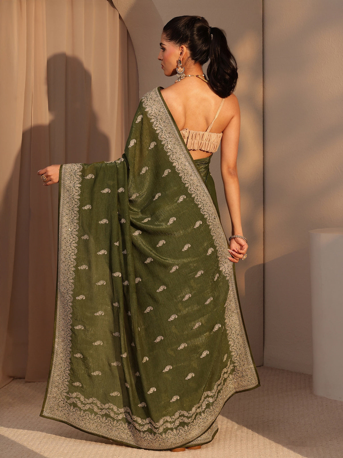 Libas Olive Green Ethnic Embroidered Chiffon Saree