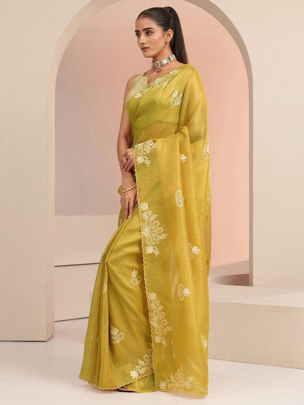 Libas Mustard Floral Embroidered Net Saree