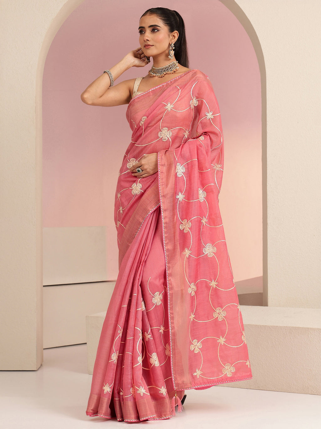 Libas Peach Floral Embroidered Tissue Saree