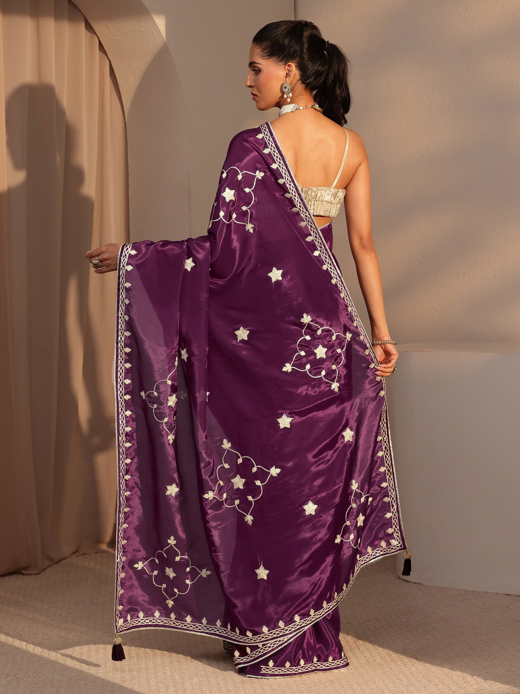 Libas Burgundy Embellished Satin Saree
