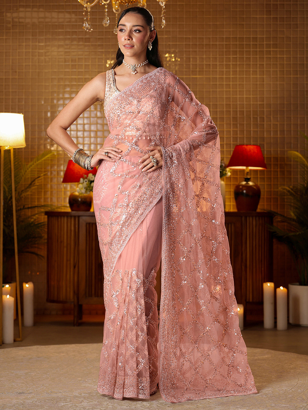 Libas Art Pink Embellished Net Saree