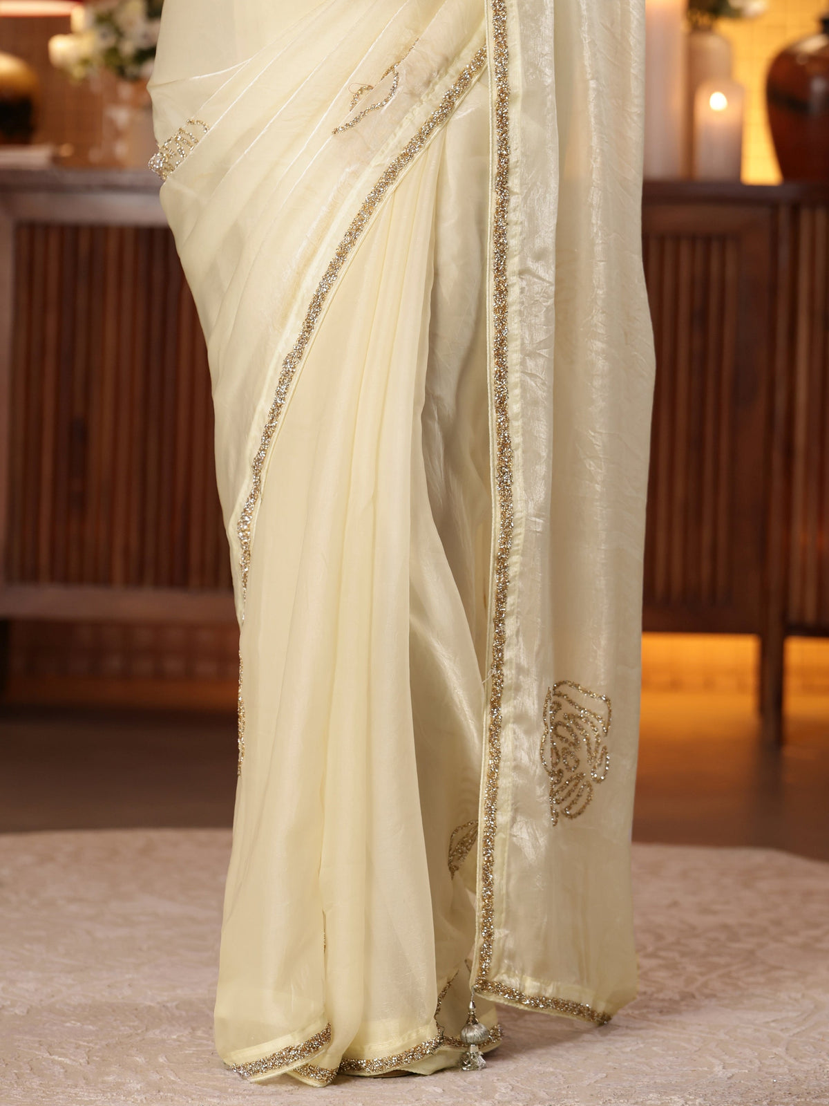 Libas Cream Embellished Silk Blend Saree