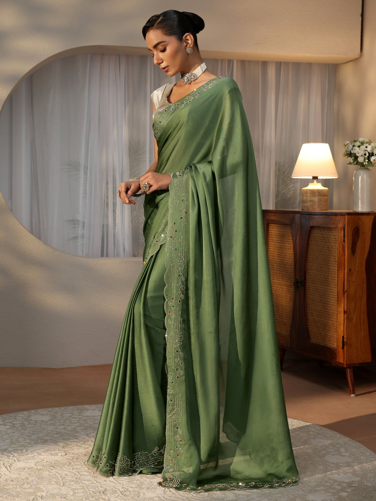 Libas Olive Green Silk Blend Saree with Embellished Border