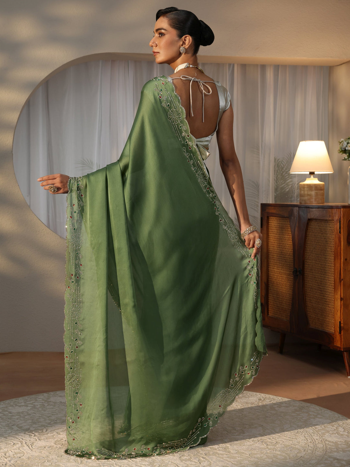 Libas Olive Green Silk Blend Saree with Embellished Border