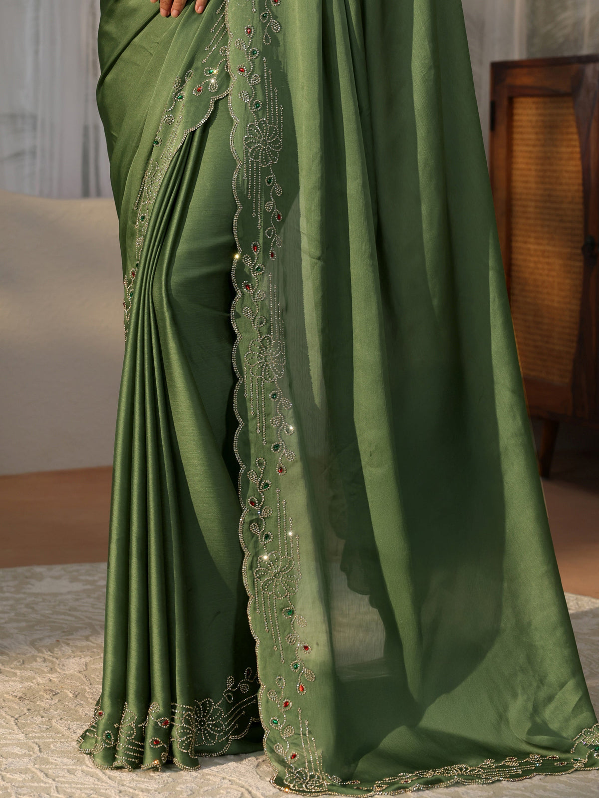 Libas Olive Green Silk Blend Saree with Embellished Border