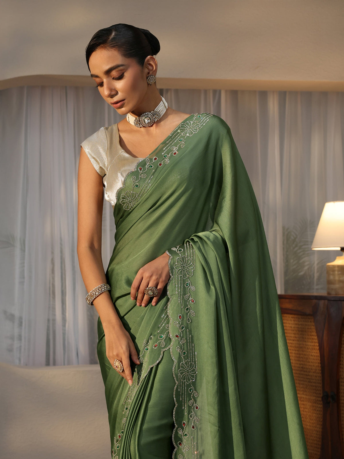 Libas Olive Green Silk Blend Saree with Embellished Border