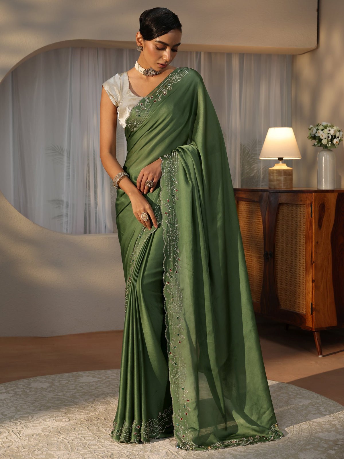 Libas Olive Green Silk Blend Saree with Embellished Border