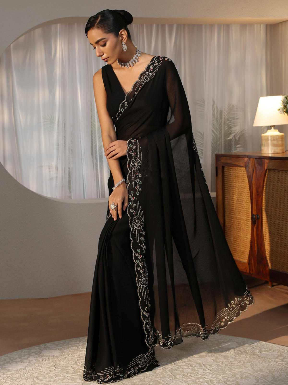 Libas Black Silk Blend Saree with Embellished Border