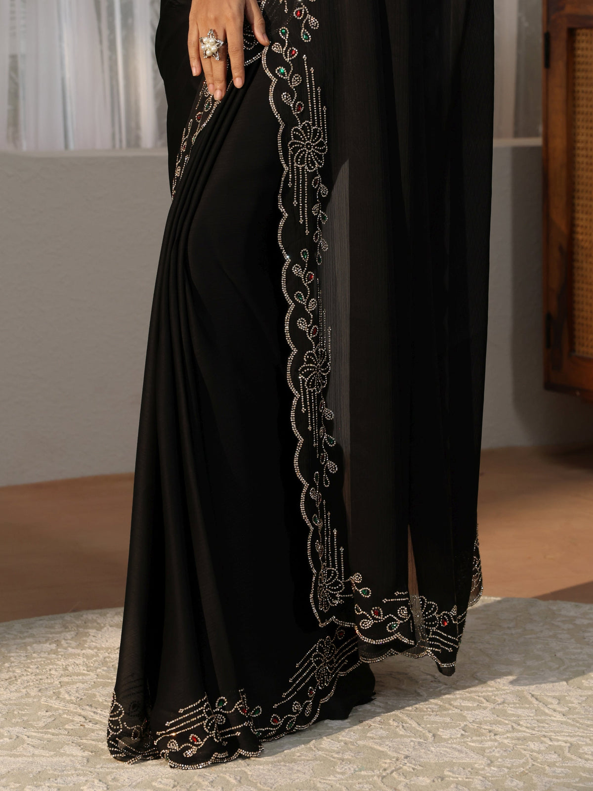 Libas Black Silk Blend Saree with Embellished Border