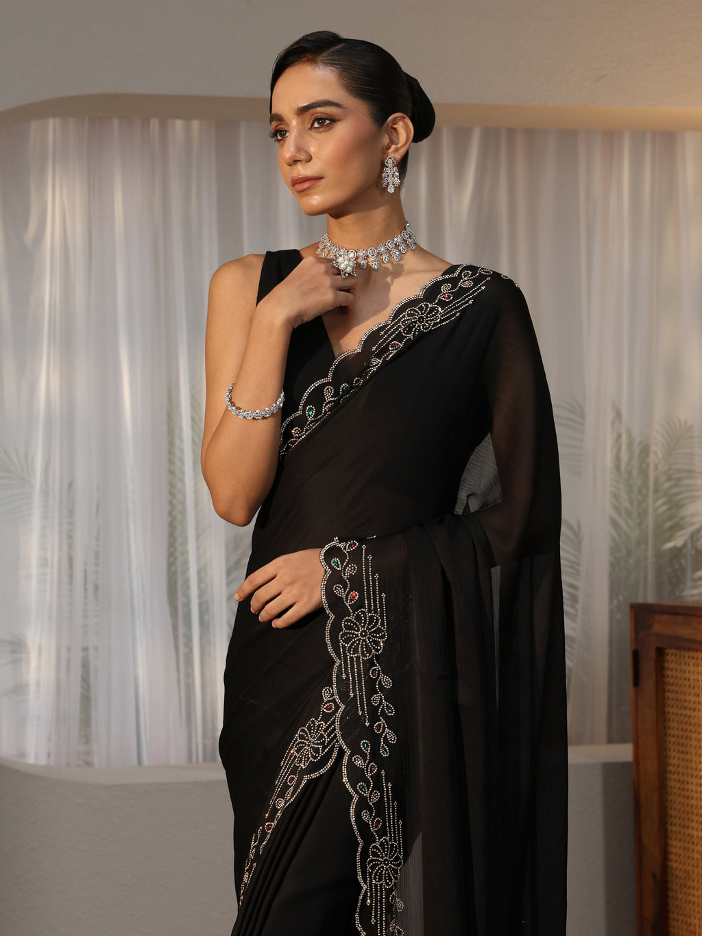 Libas Black Silk Blend Saree with Embellished Border