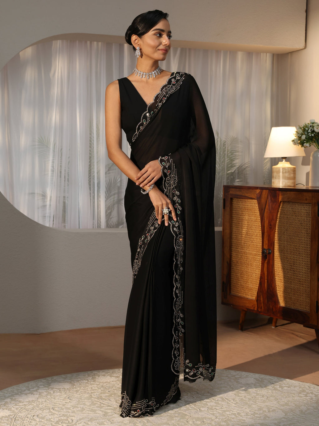 Libas Black Silk Blend Saree with Embellished Border