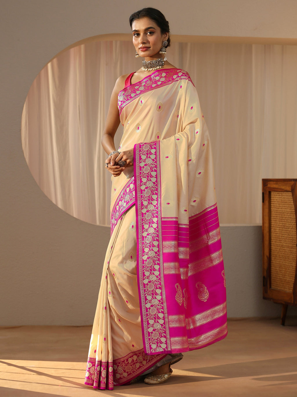 Libas Beige Kanjeevaram Silk Blend Saree