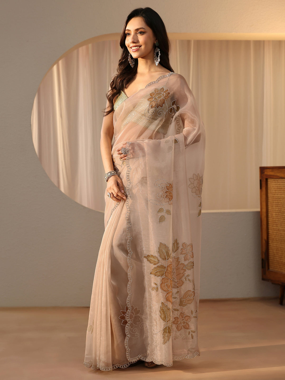 Libas Beige Floral Embellished Tissue Saree