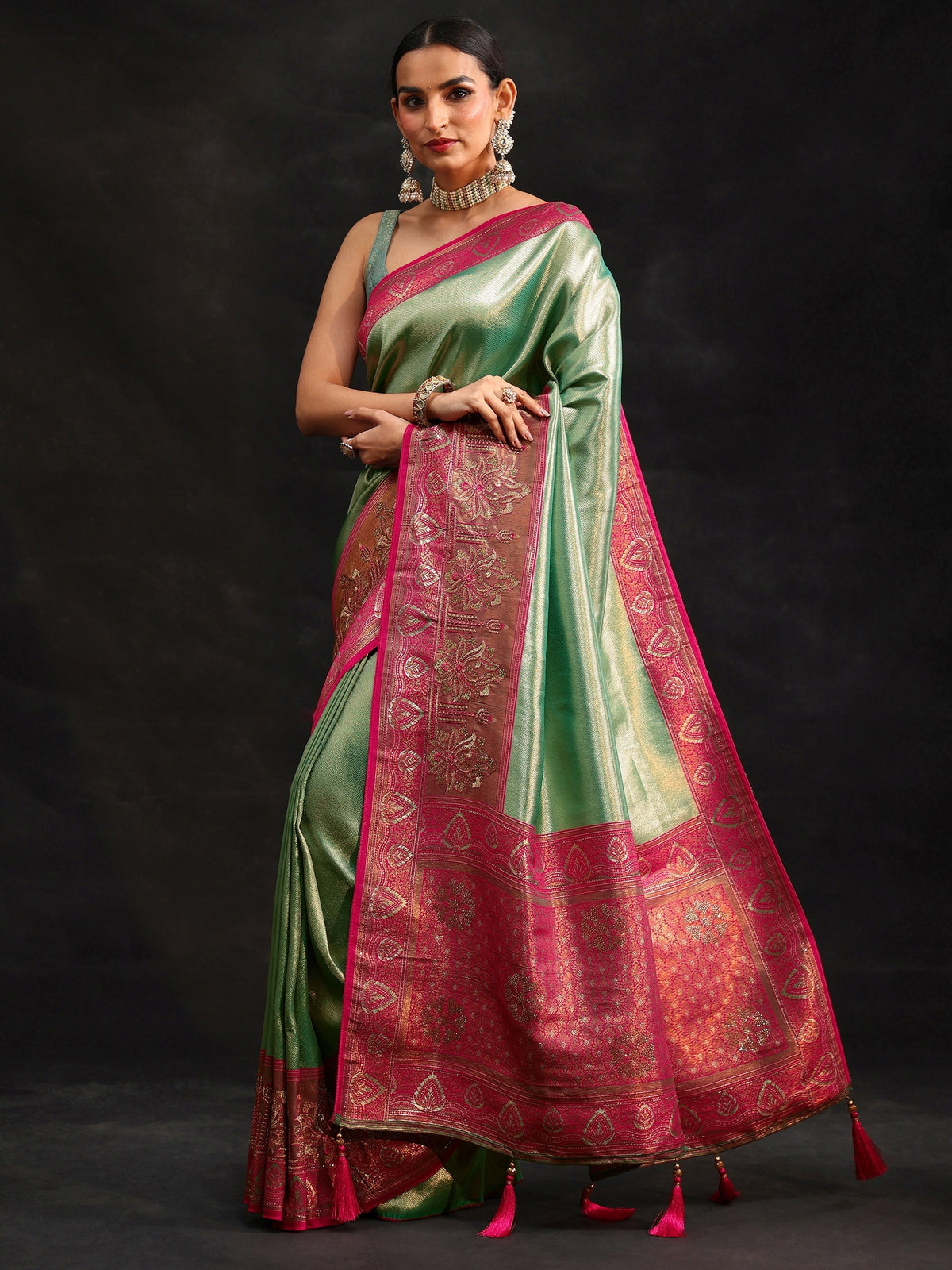 Libas Sea Green Woven Design Silk Blend Saree