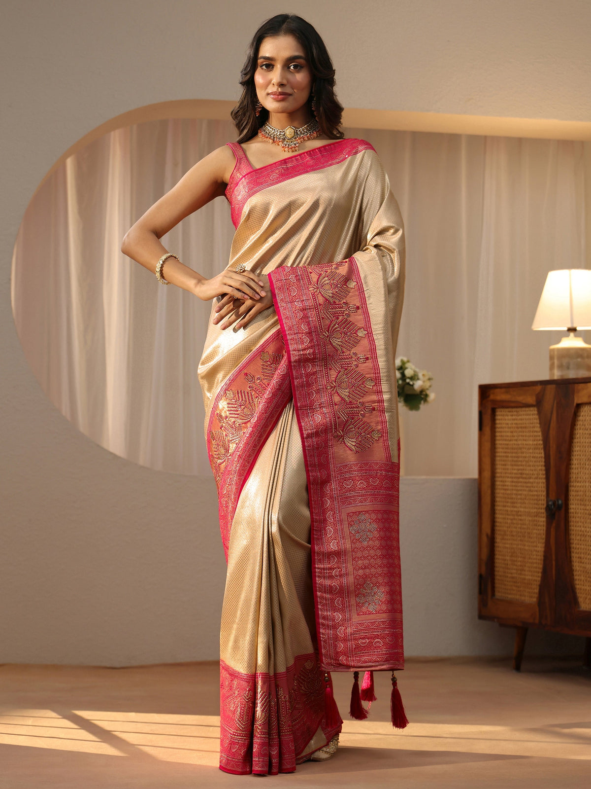 Libas Gold Silk Blend Saree with Woven Border