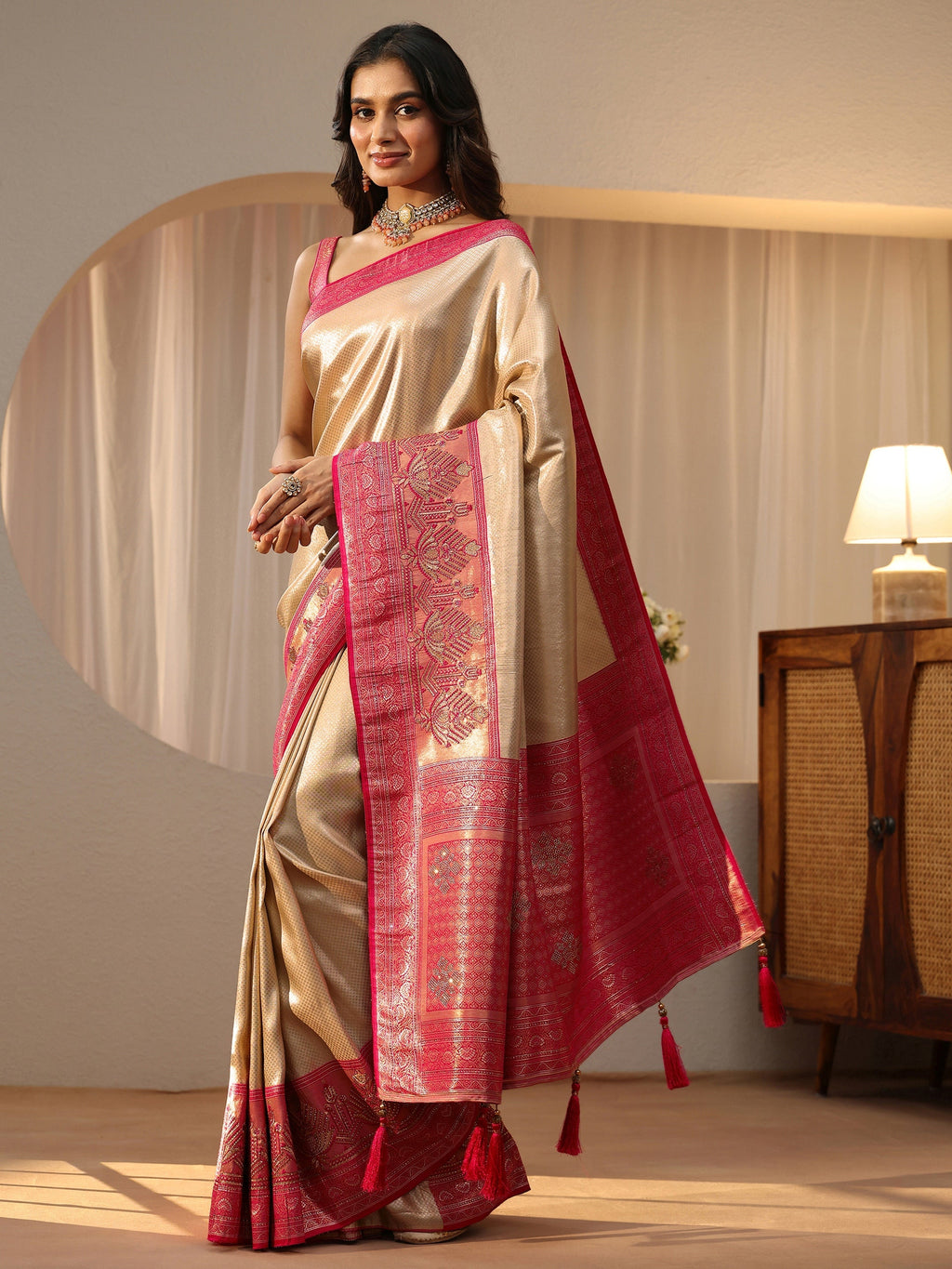 Libas Gold Silk Blend Saree with Woven Border