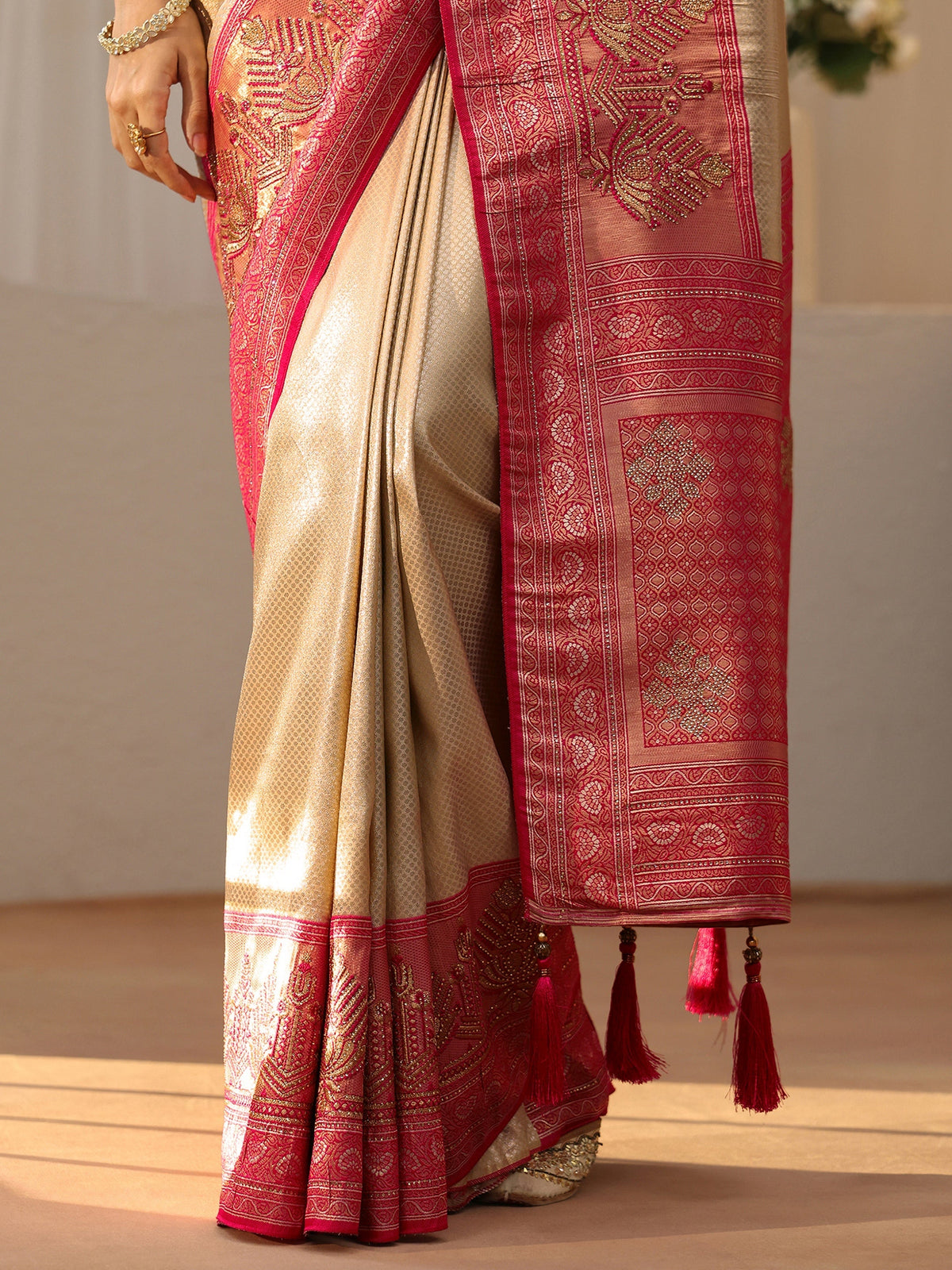 Libas Gold Silk Blend Saree with Woven Border