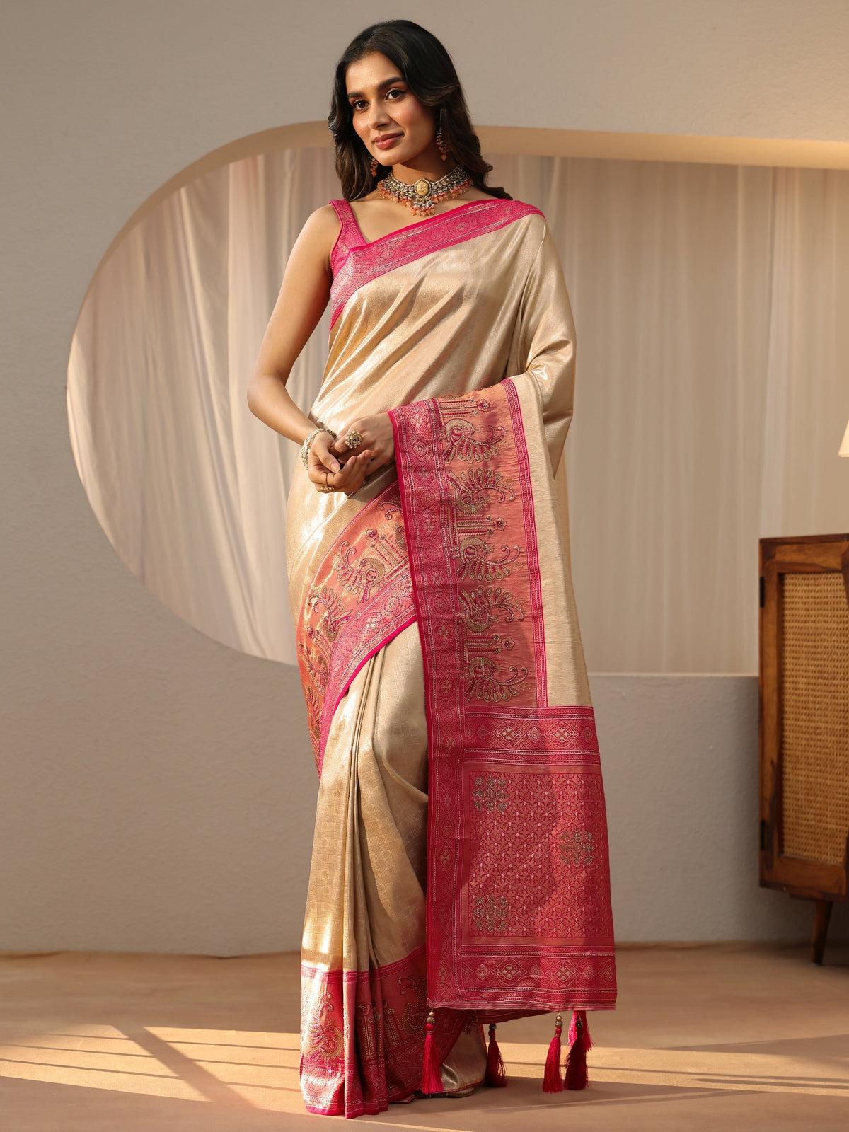 Libas Gold Silk Blend Saree with Woven Border