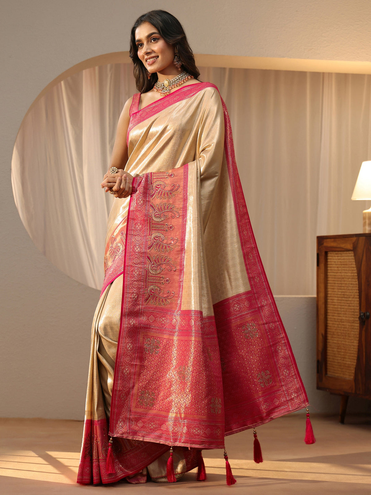 Libas Gold Silk Blend Saree with Woven Border