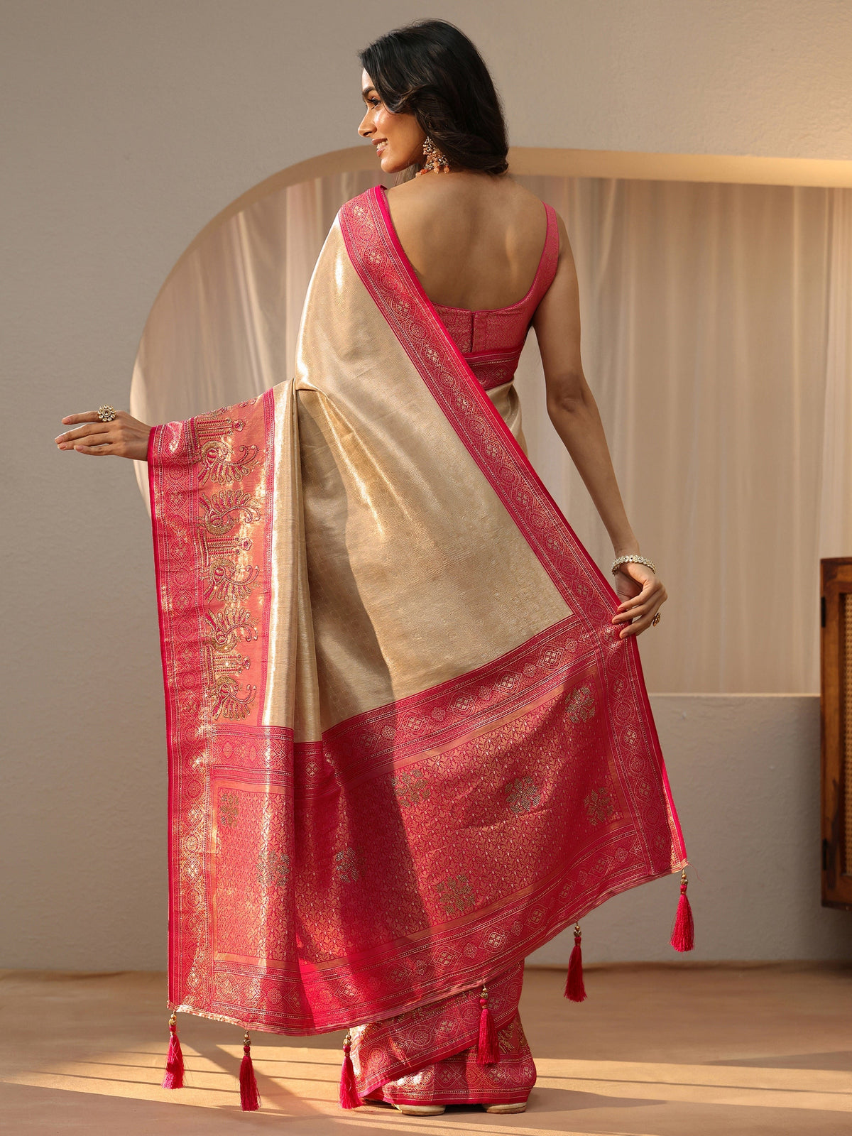 Libas Gold Silk Blend Saree with Woven Border