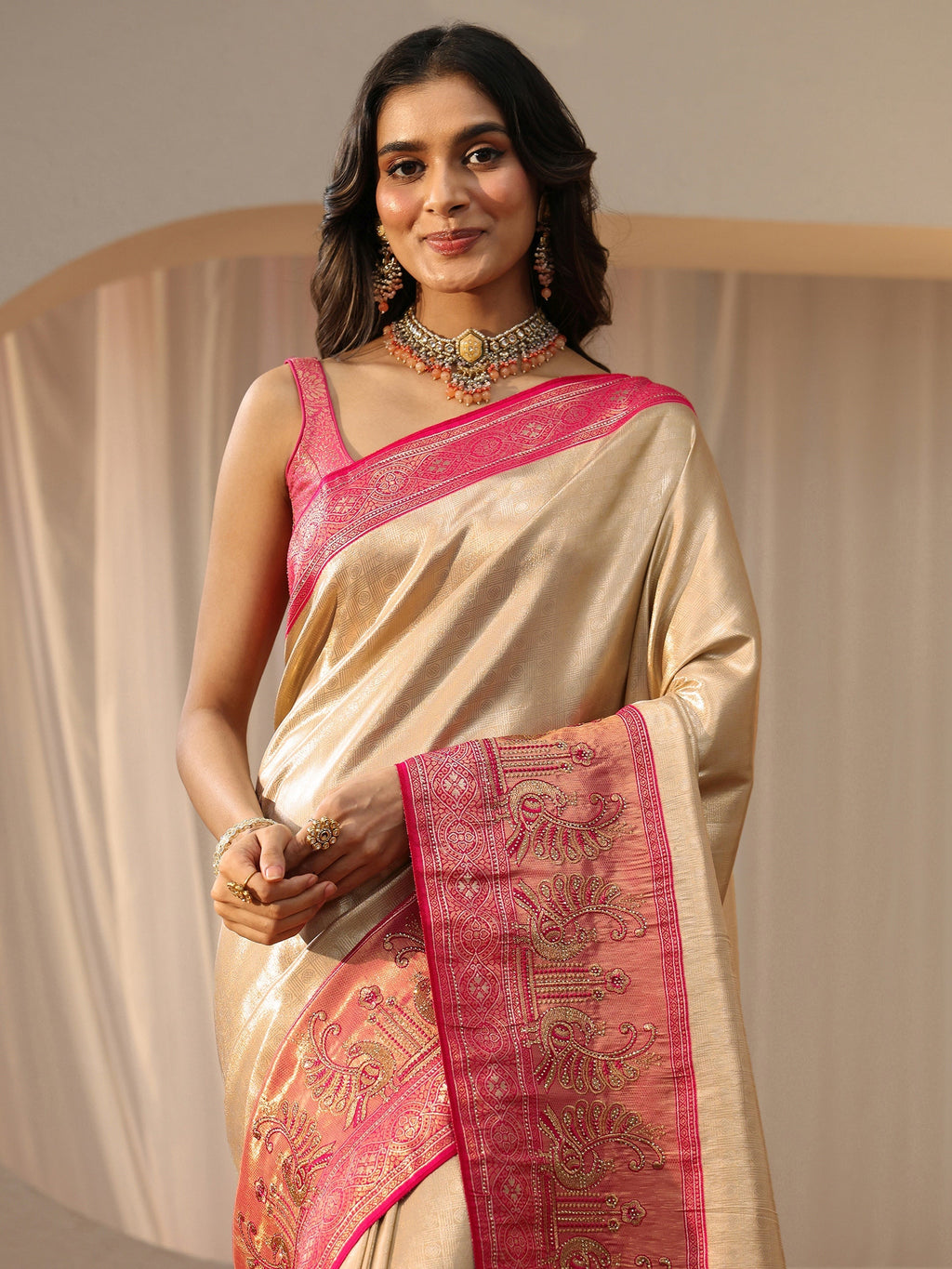 Libas Gold Silk Blend Saree with Woven Border
