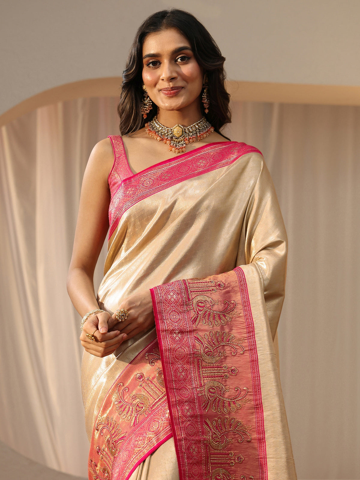 Libas Gold Silk Blend Saree with Woven Border