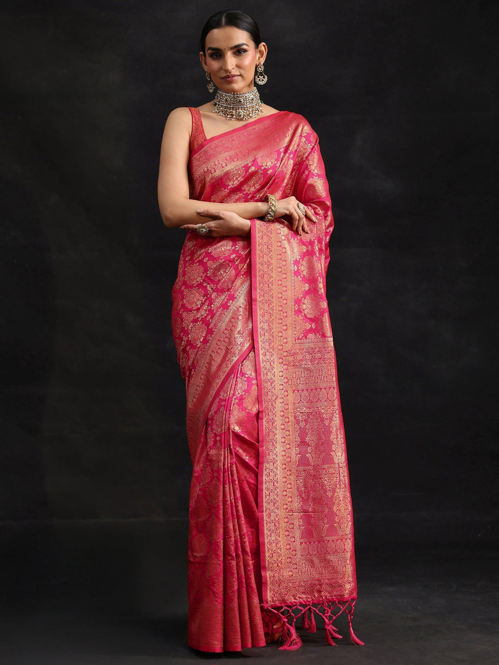 Libas Rani Pink Banarasi Silk Blend Saree S45