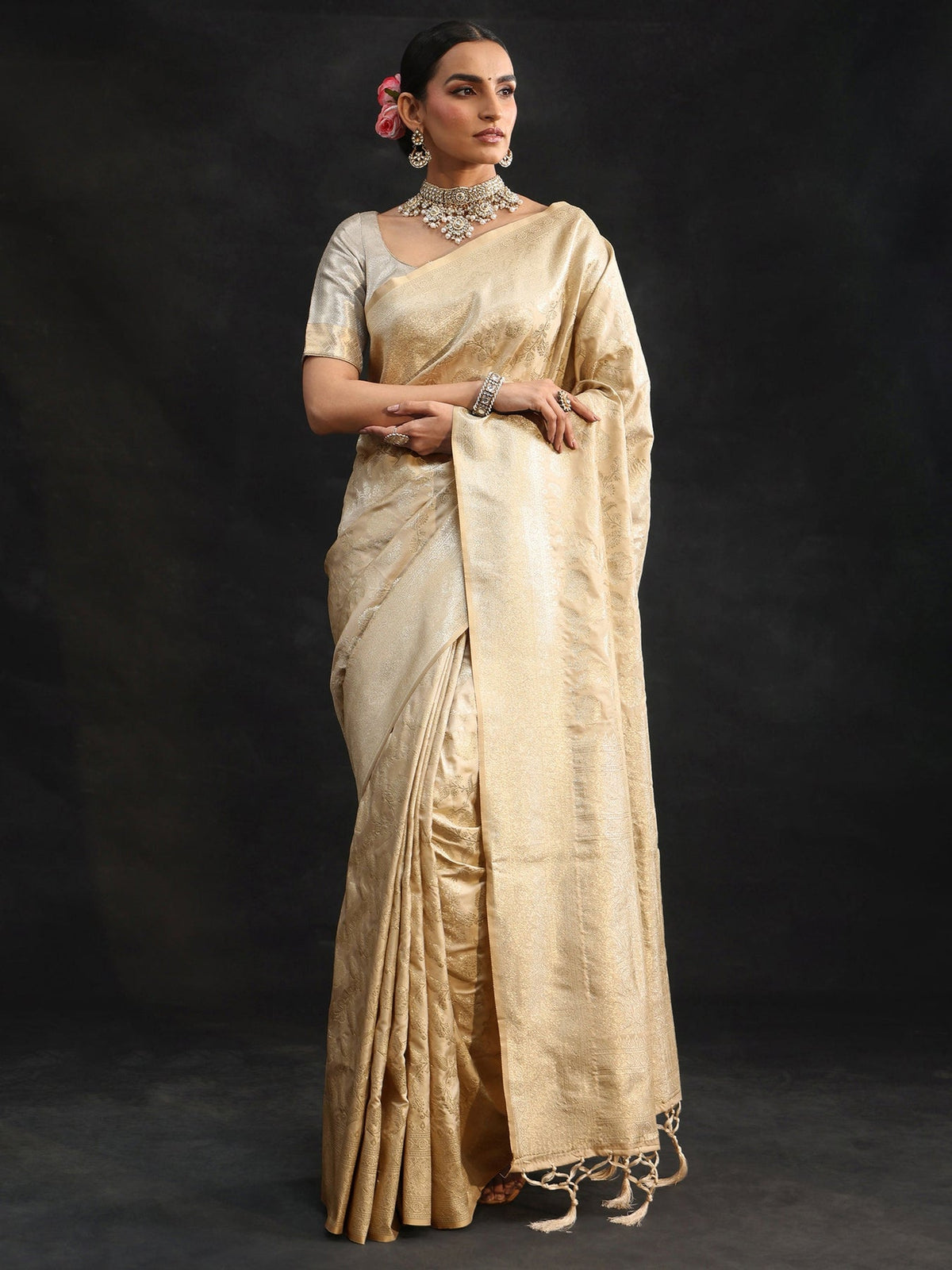 Libas Cream Banarasi Silk Blend Saree S45