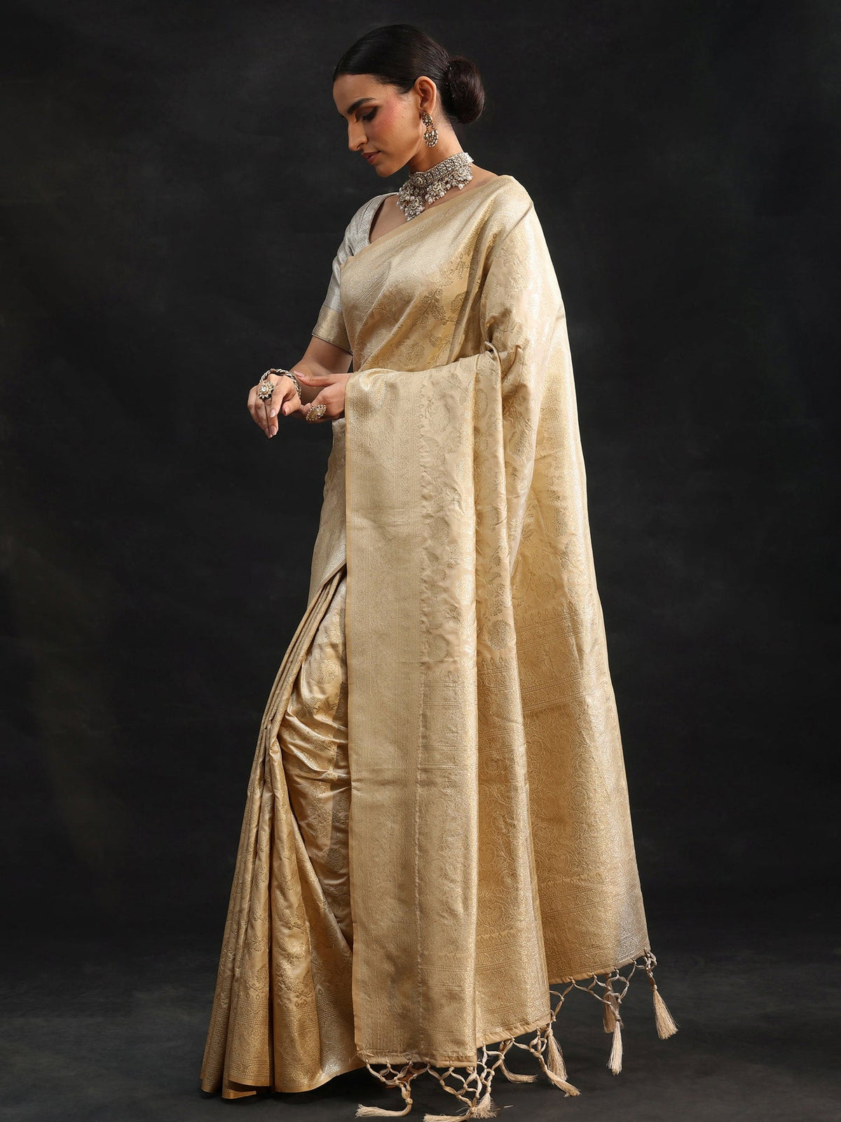Libas Cream Banarasi Silk Blend Saree S45