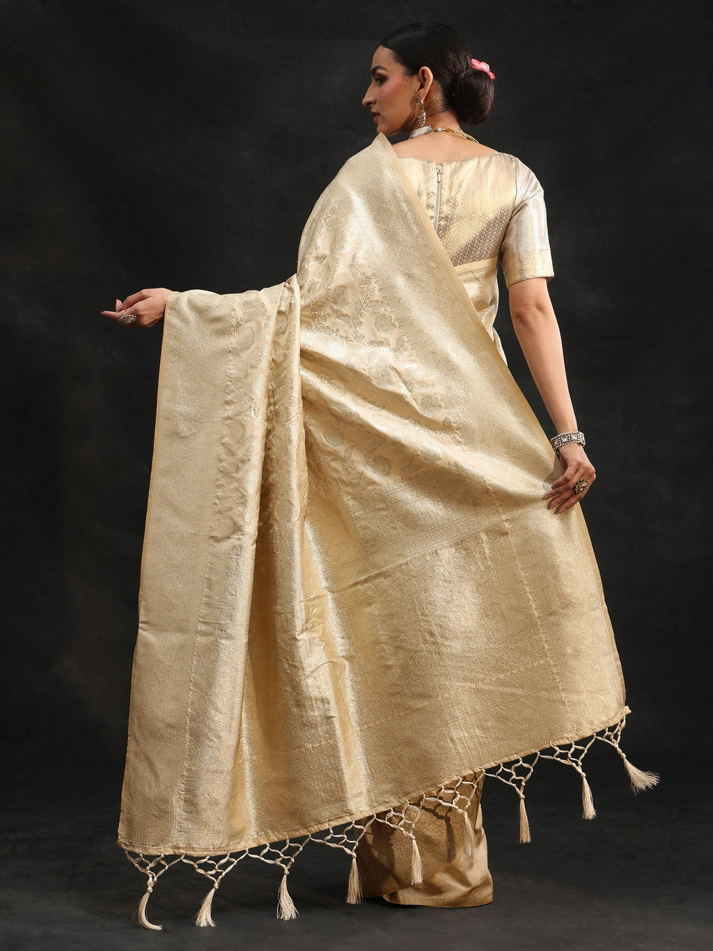 Libas Cream Banarasi Silk Blend Saree S45