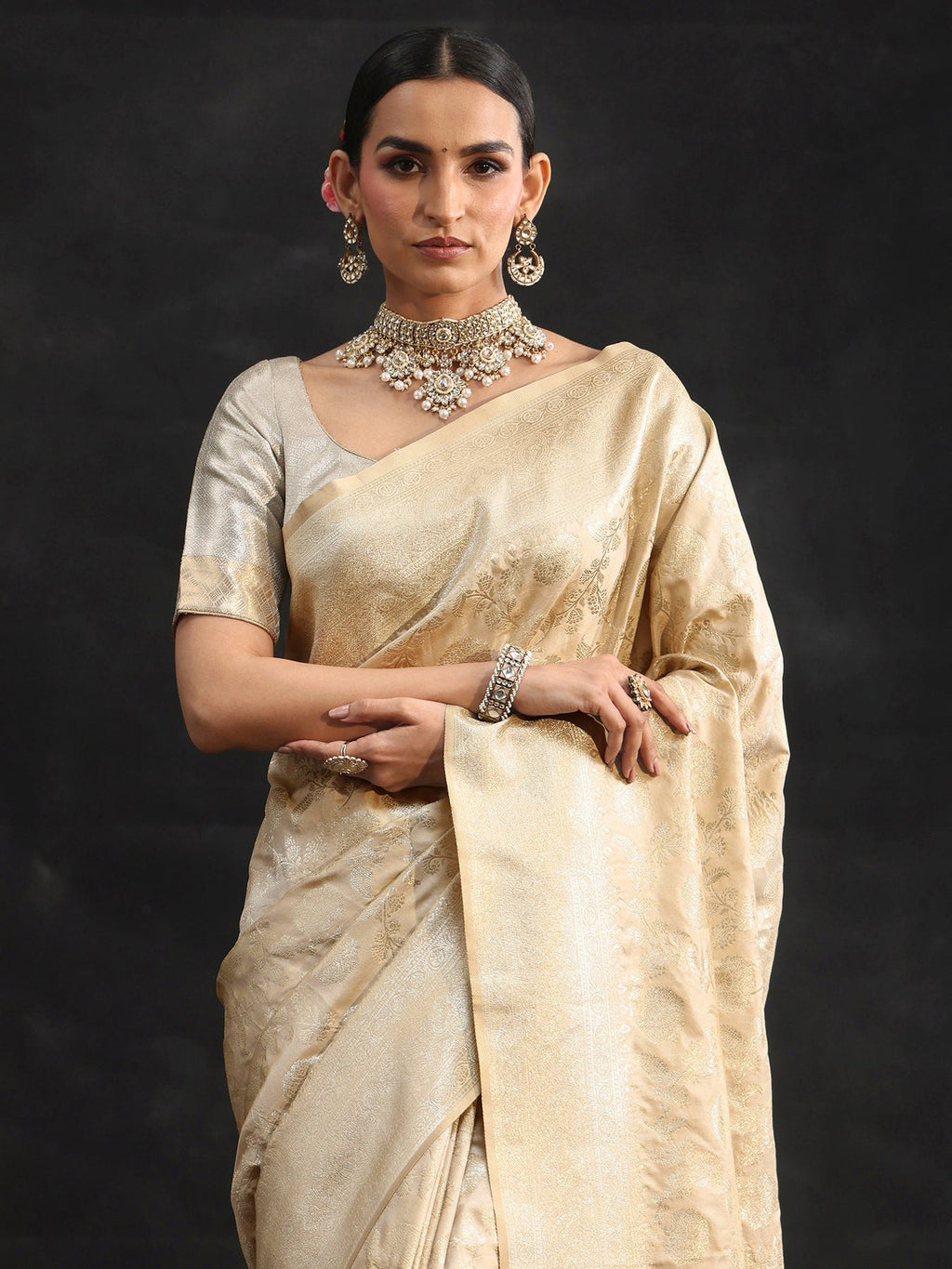 Libas Cream Banarasi Silk Blend Saree S45