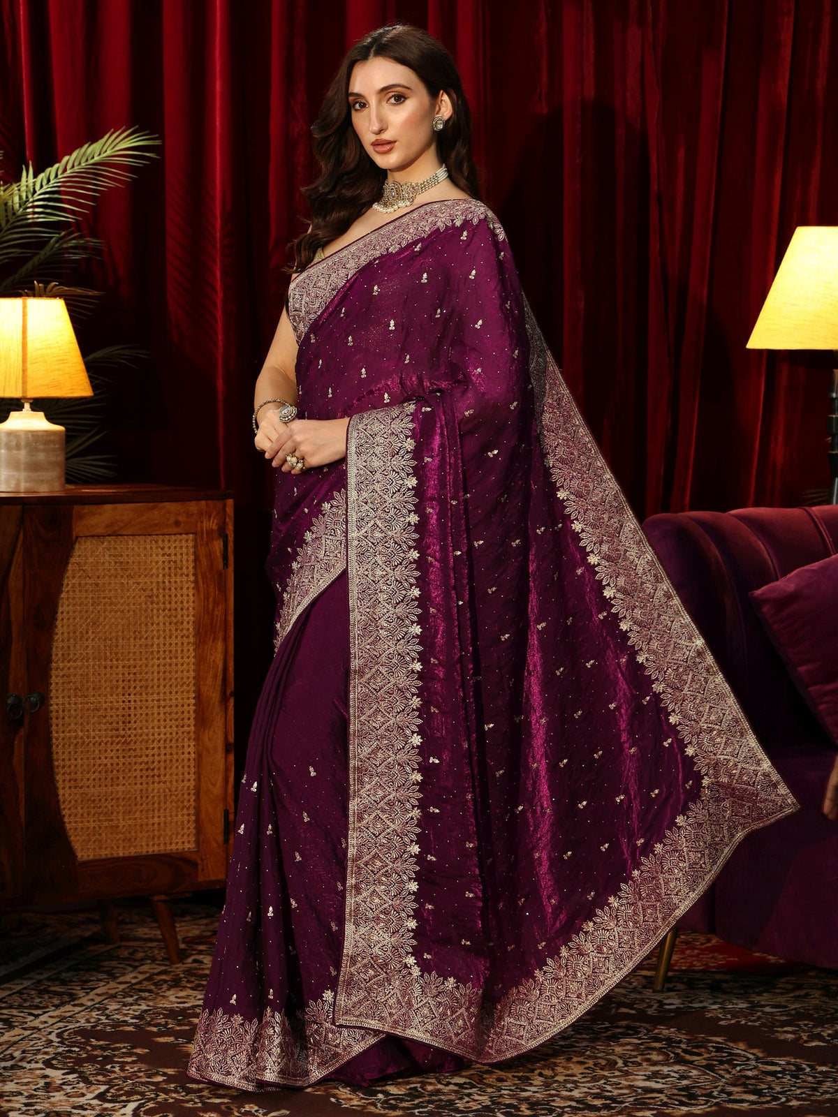 Libas Burgundy Embellished Tissue Saree S45