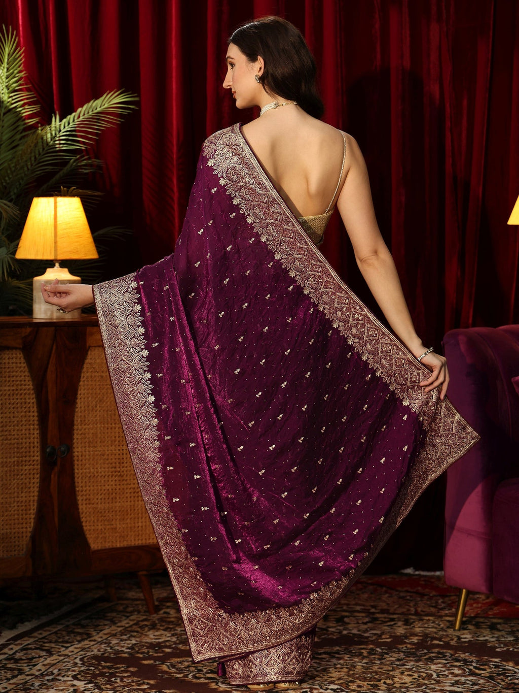 Libas Burgundy Embellished Tissue Saree S45
