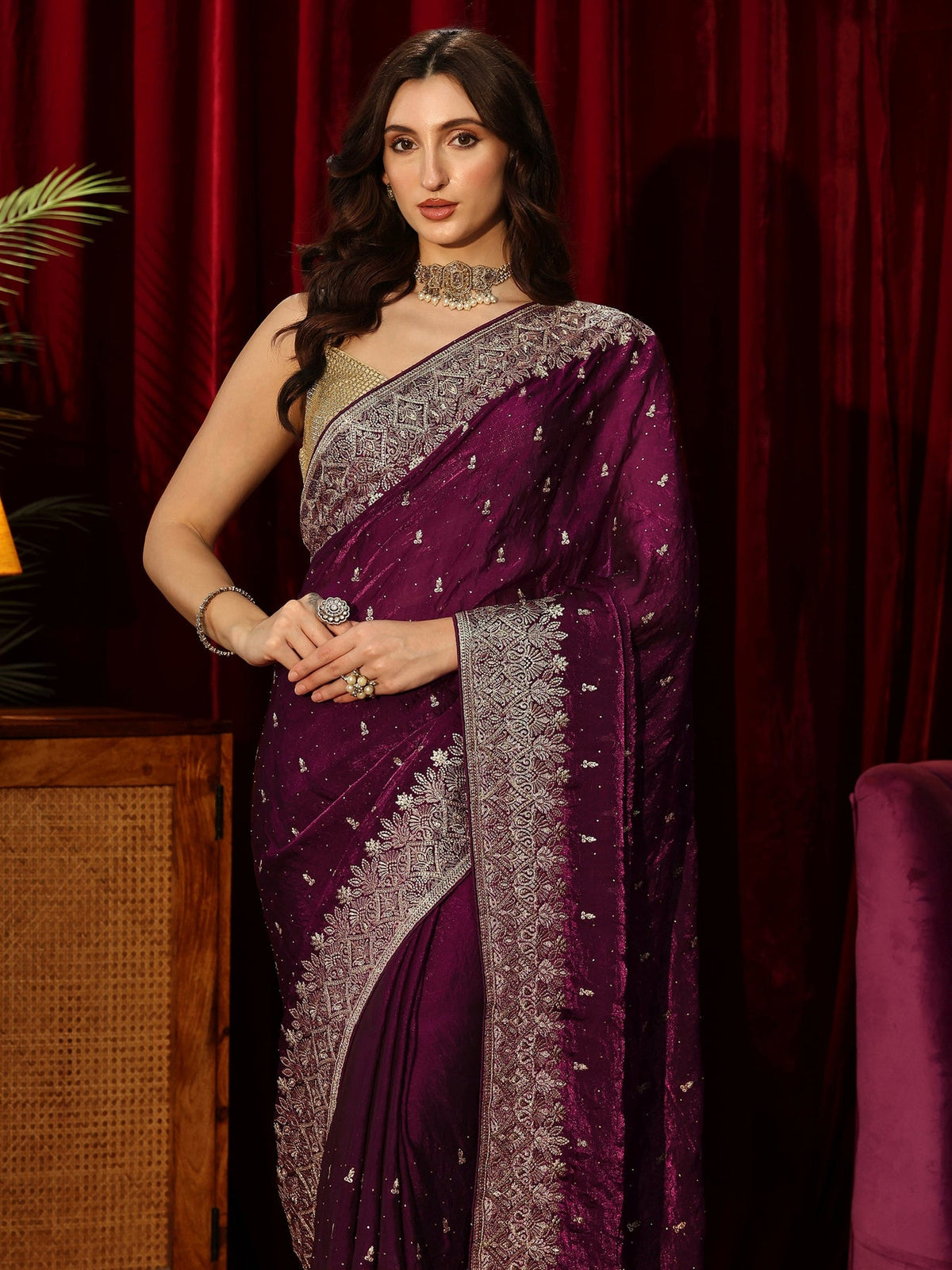 Libas Burgundy Embellished Tissue Saree S45