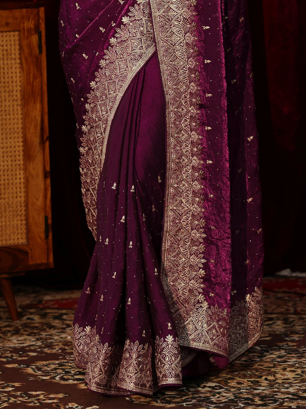 Libas Burgundy Embellished Tissue Saree S45