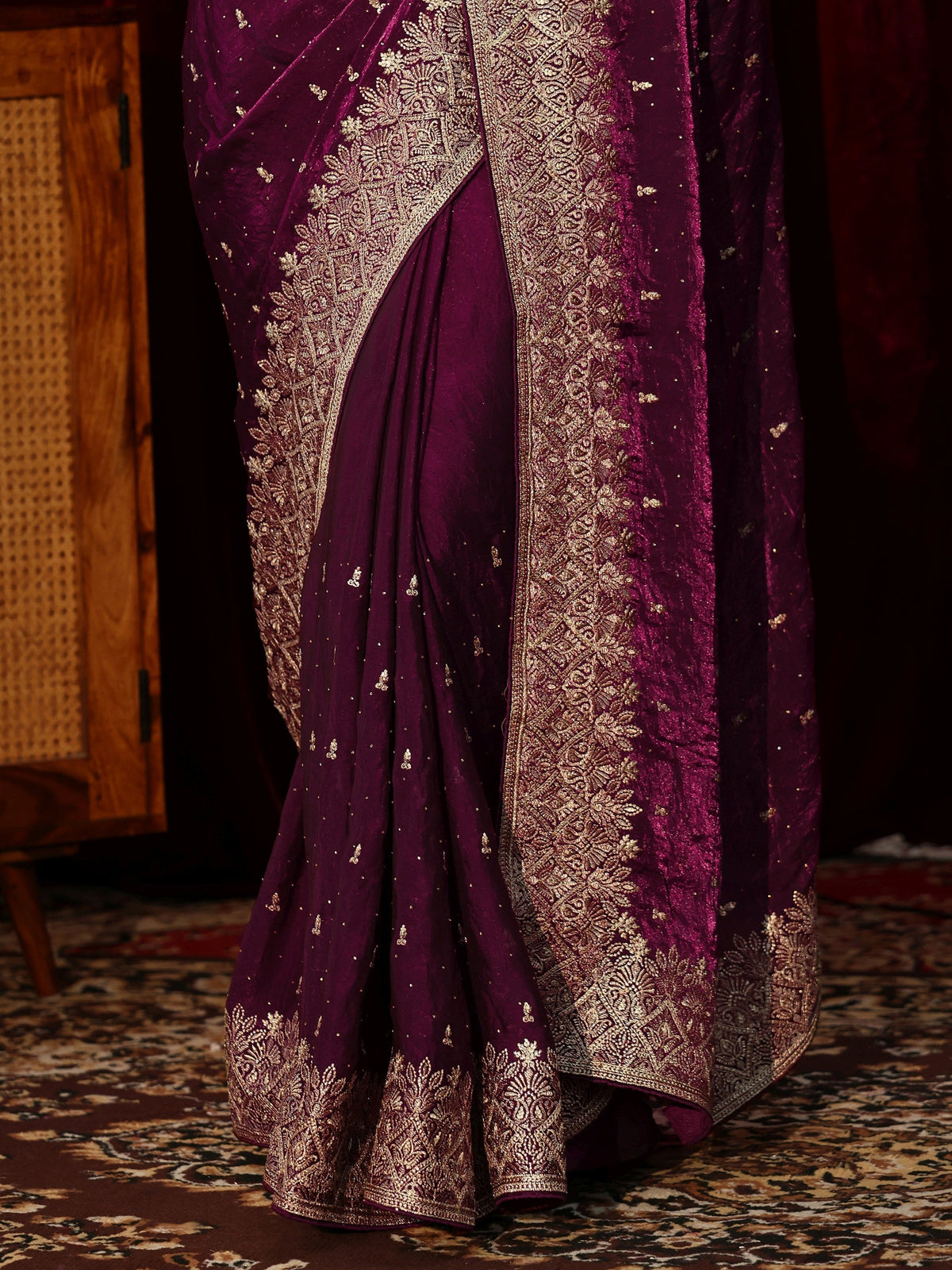 Libas Burgundy Embellished Tissue Saree