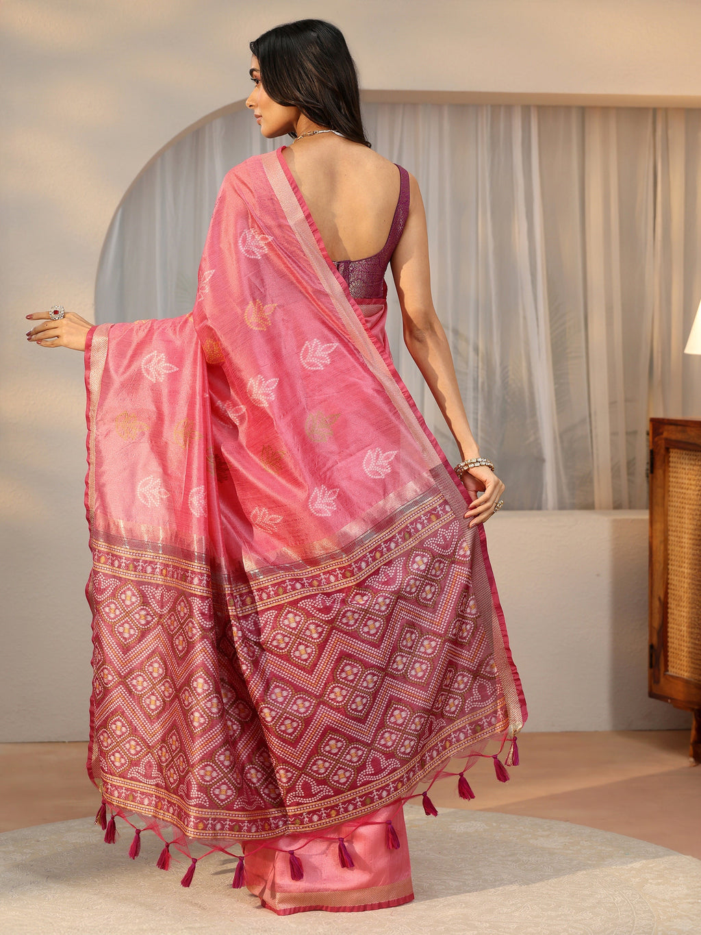 Libas Dusty Rose Pink Bandhani Silk Blend Saree