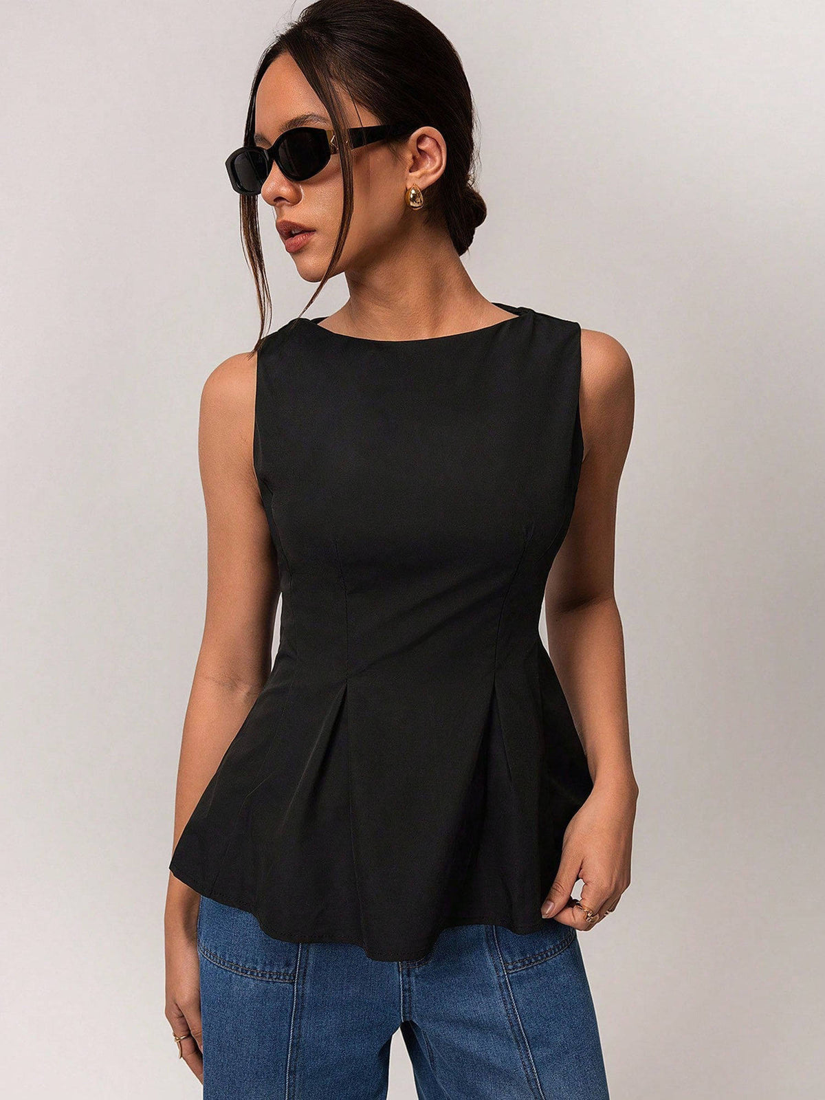 Black Cotton Sleeveless Inverted Pleat Peplum Party Top | pt51 - view 1