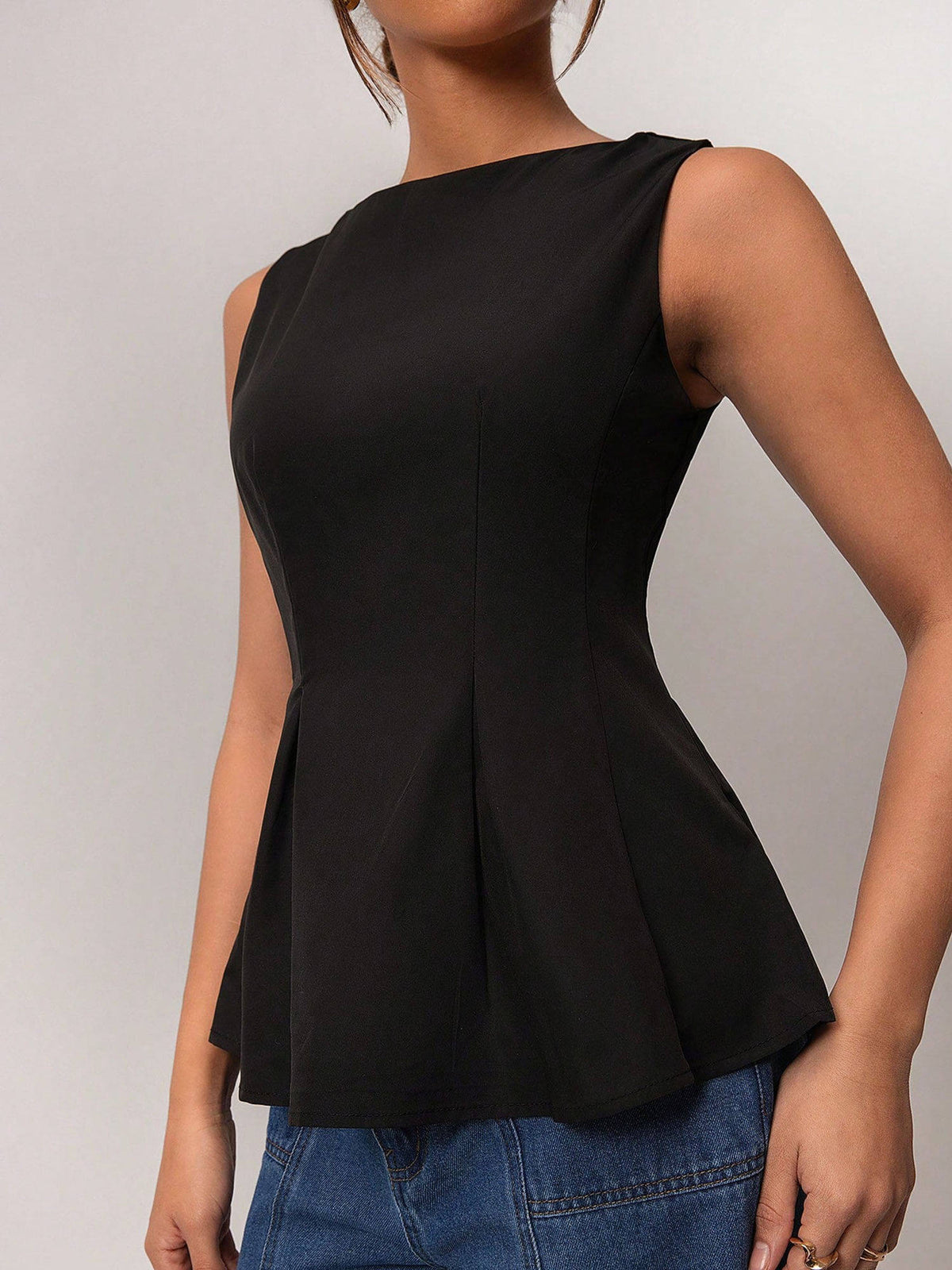 Black Cotton Sleeveless Inverted Pleat Peplum Party Top | pt51 - view 3
