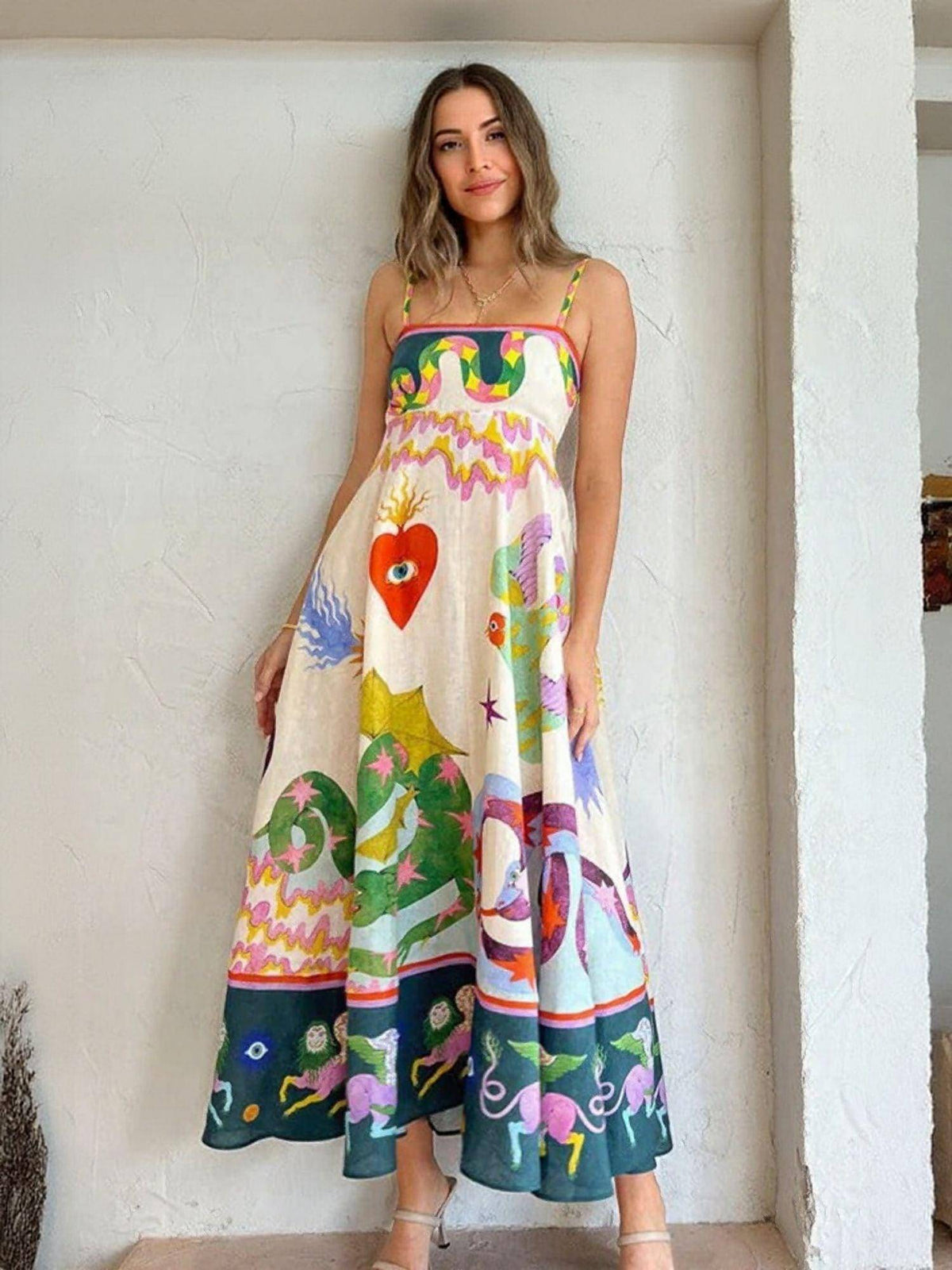 Off White Tropical Print Flared Maxi Vacay Dress | D56 - view 1