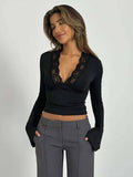 Black V Neck Lace Party Top Bell Sleeve | CT61 - view 1