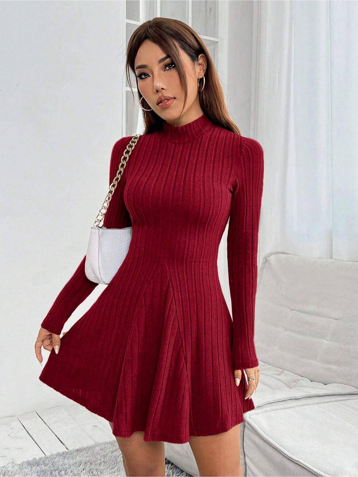 Burgundy High Neck Wide Spaced Rib Dress | D56 - view 1