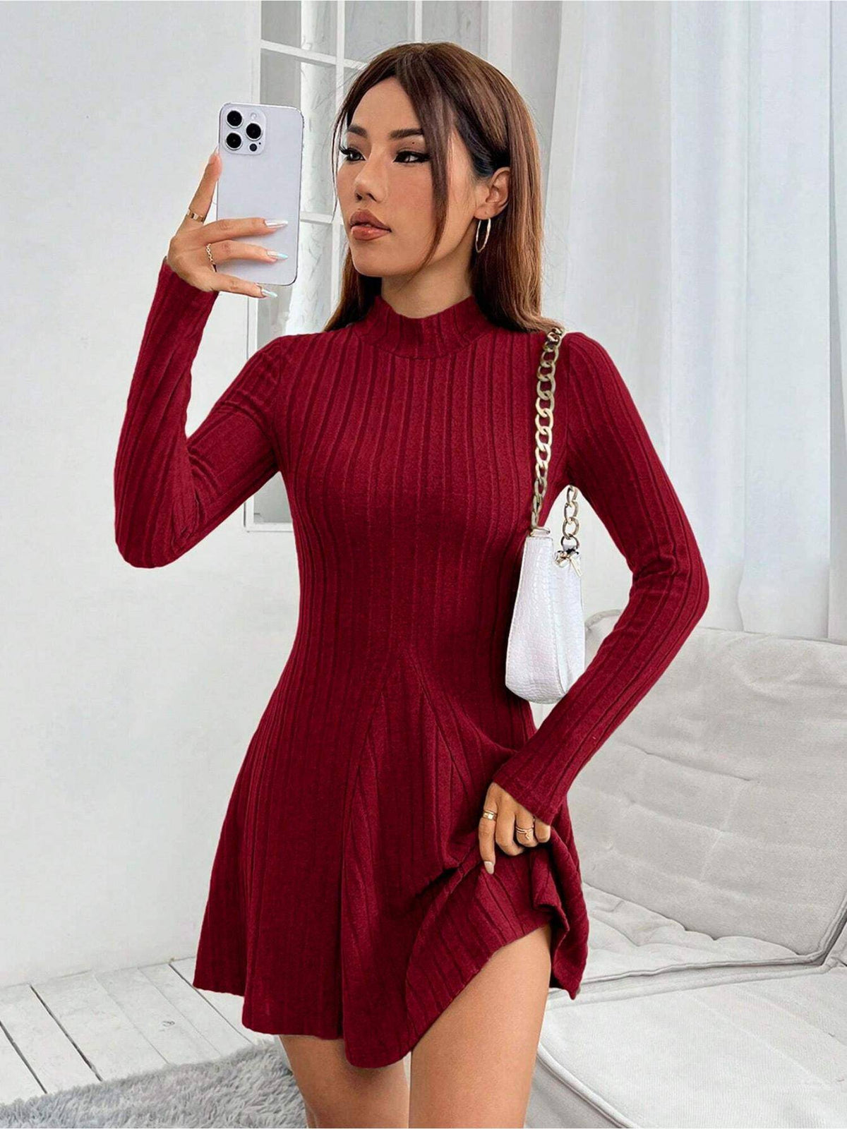 Burgundy High Neck Wide Spaced Rib Dress | D56 - view 2