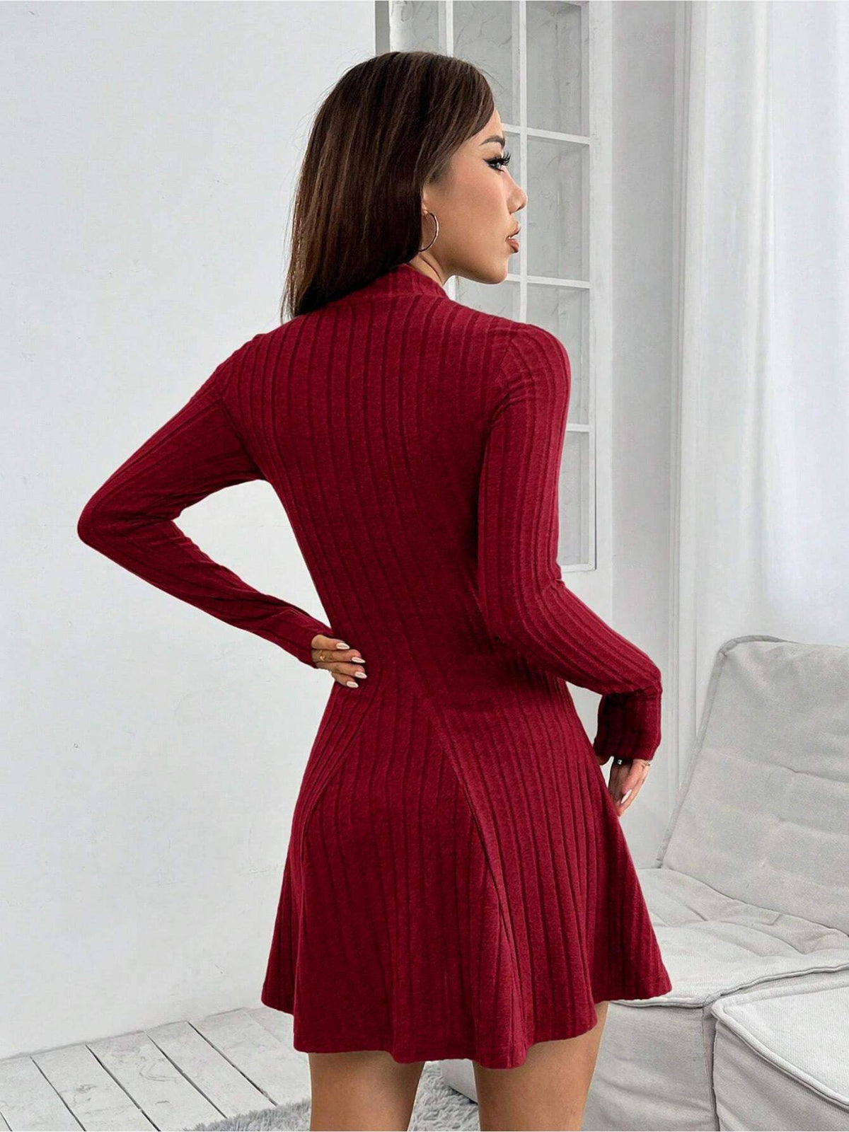 Burgundy High Neck Wide Spaced Rib Dress | D56 - view 3