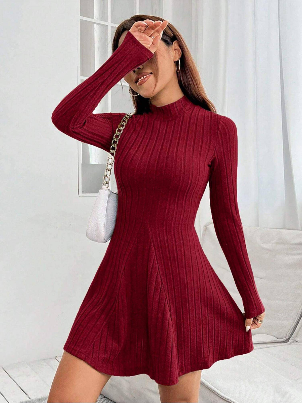Burgundy High Neck Wide Spaced Rib Dress | D56 - view 4