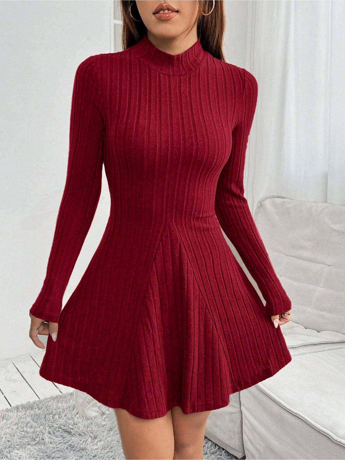 Burgundy High Neck Wide Spaced Rib Dress | D56 - view 5