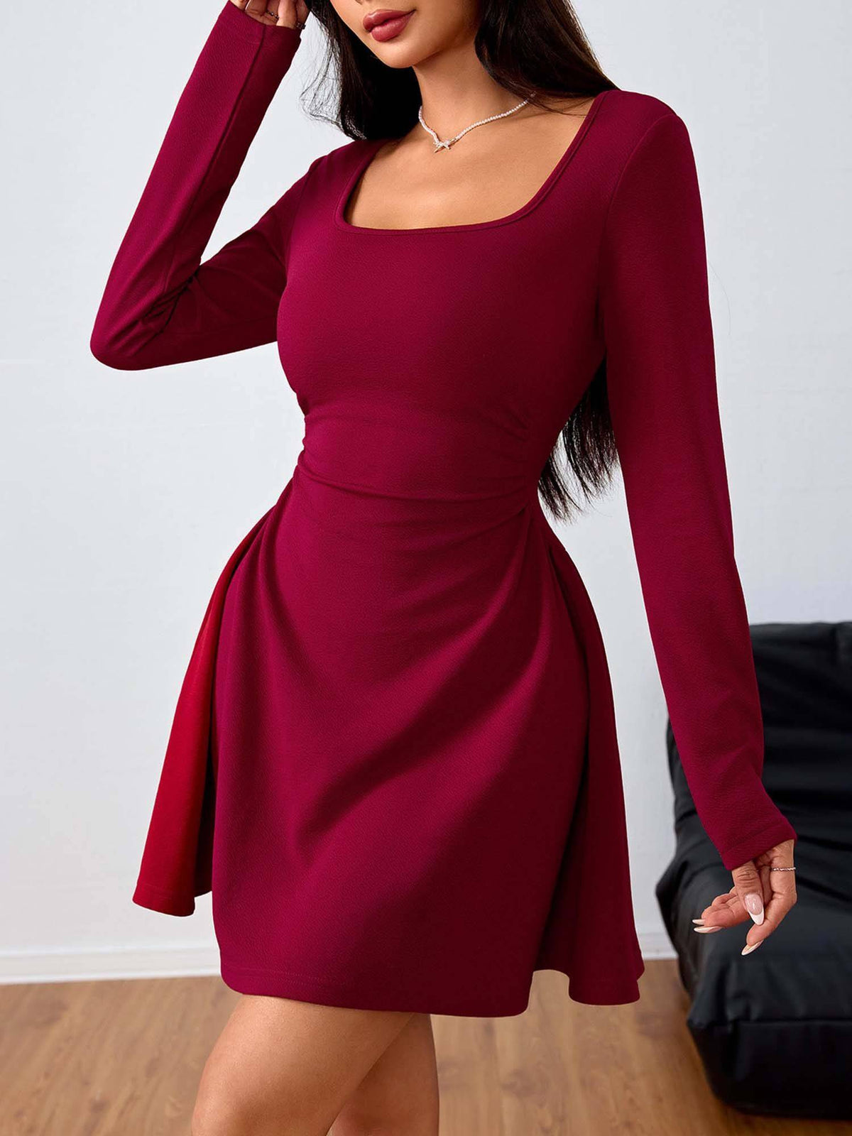 Wine Full Sleeve Square Neck Dress | D56 - view 1