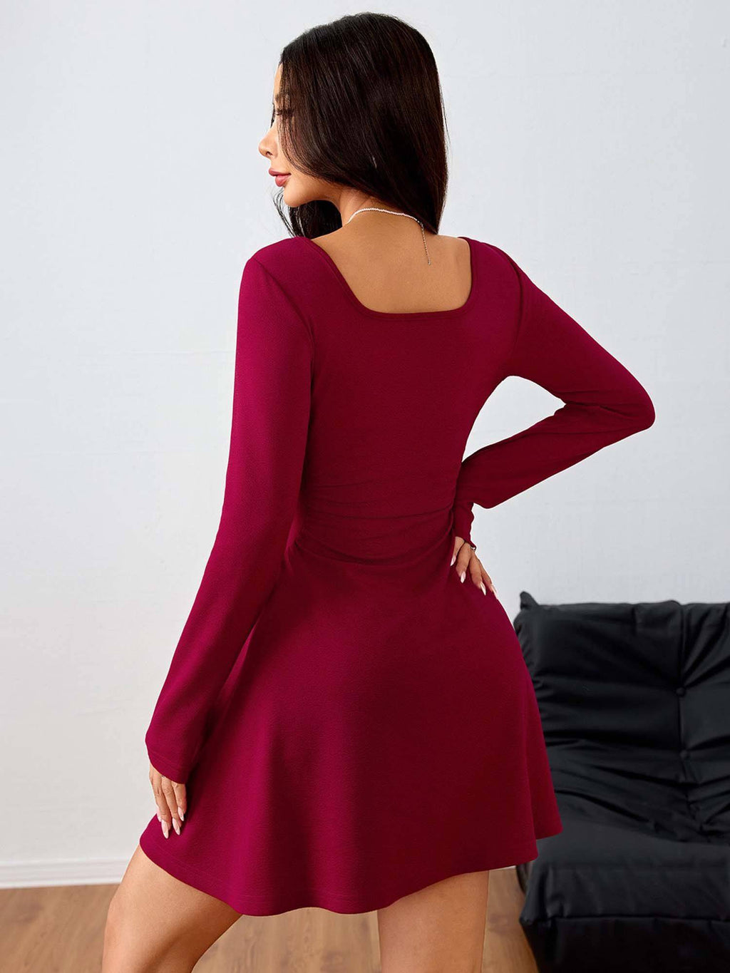 Wine Full Sleeve Square Neck Dress | D56 - view 2